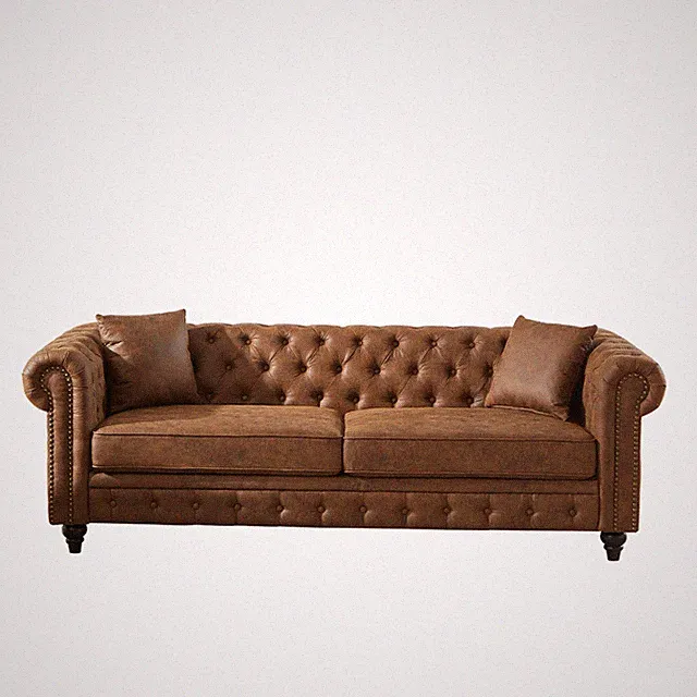 Chesterfield Upholstered Sofa Button Tufted Couch With 2 Pillows Nailhead Trim
