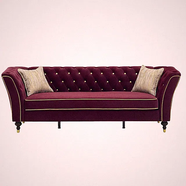 Chesterfield Velvet 3-Seater Sofa Button Tufted Couch With Gold Trim Rolled Arm