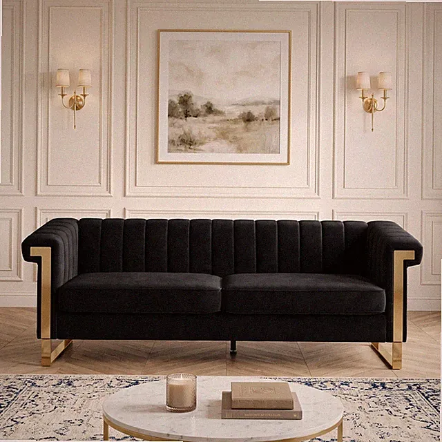 Chesterfield Velvet 3-Seater Sofa Channel Tufted Couch With Gold Trim Metal Legs