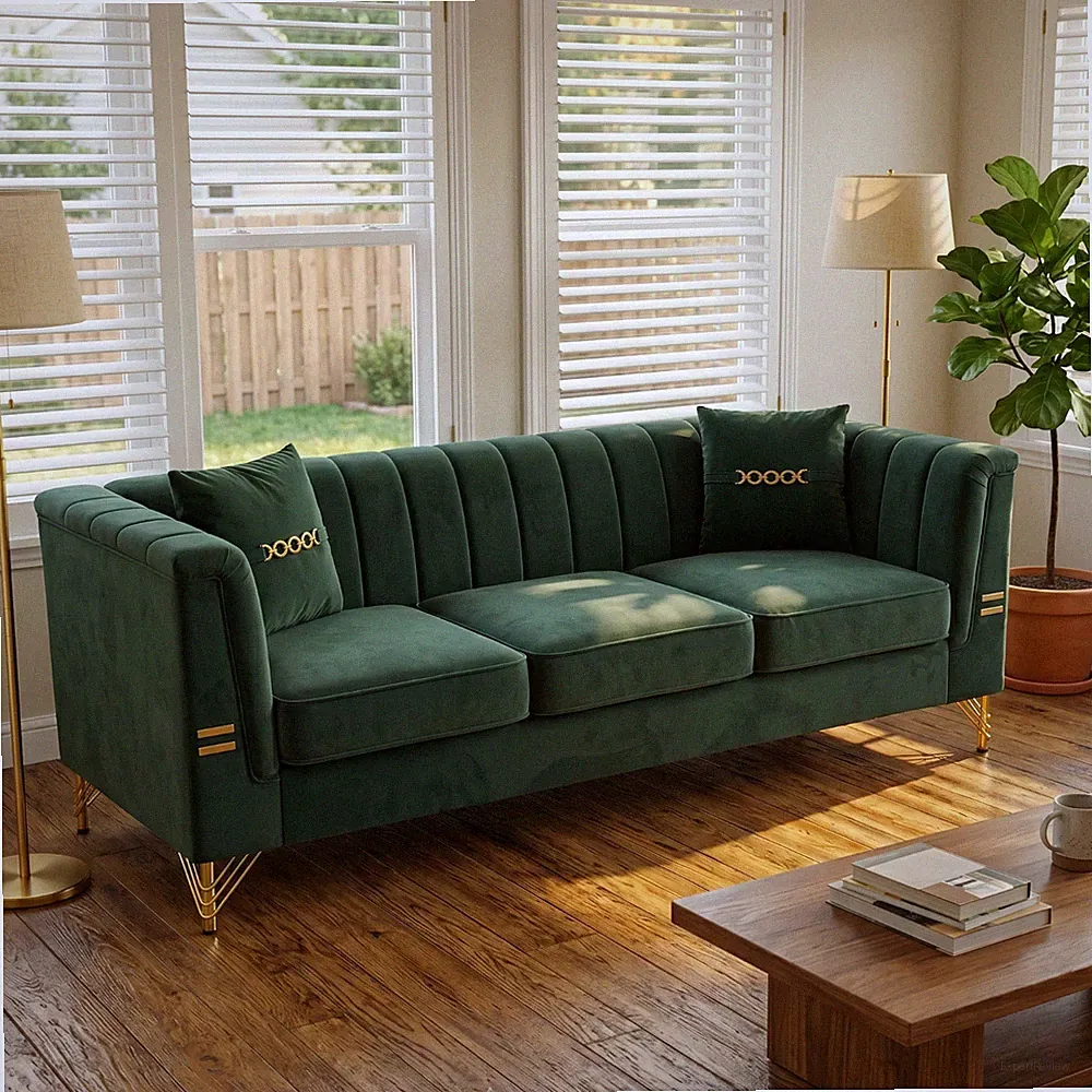 Chesterfield Velvet 3-Seater Sofa Channel Tufted Couch With Metal Legs 2 Pillows