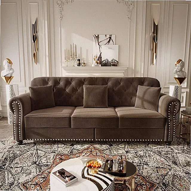 Chesterfield Velvet Sofa Button Tufted Couch w/ Nailhead Trim Rolled Arm Pillows