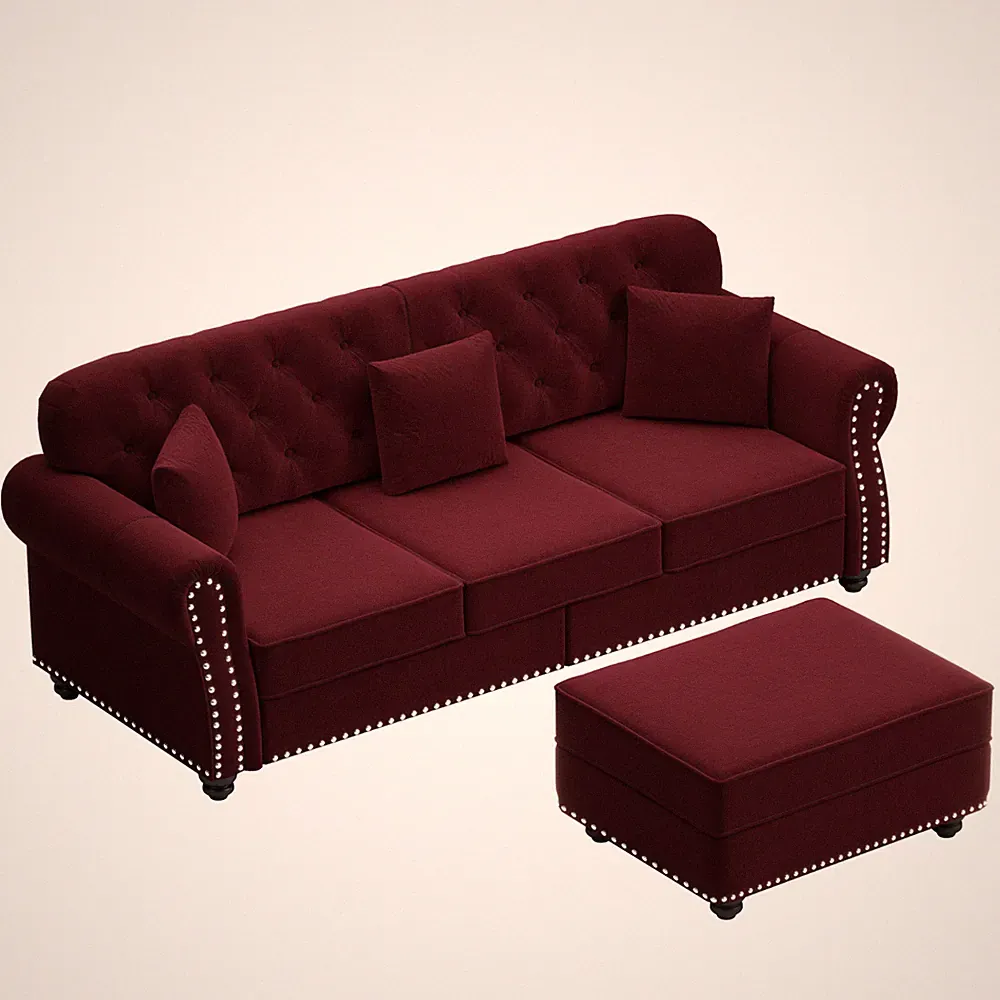 Chesterfield Velvet Sofa Button Tufted Couch w/ Nailhead Trim Rolled Arm Pillows