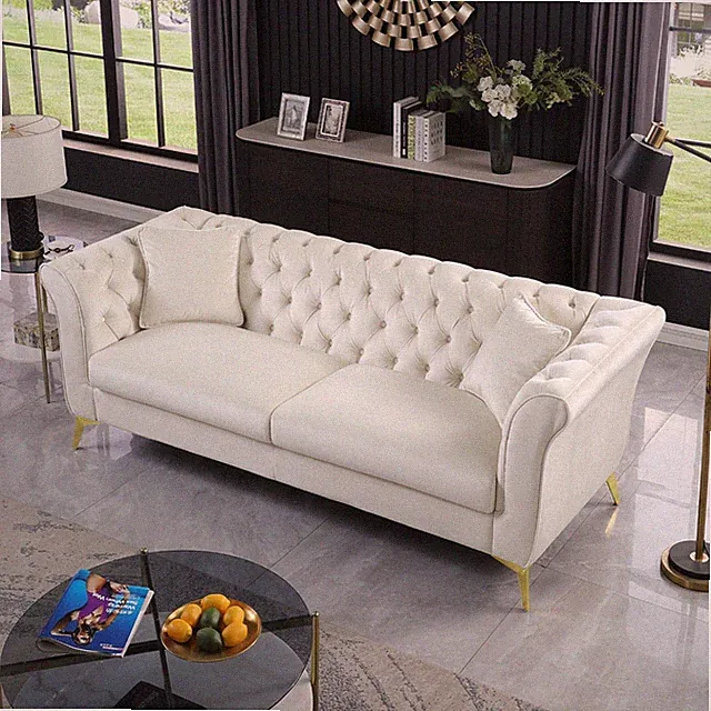 Chesterfield Velvet Sofa Button Tufted Couch With Scroll Arms Gold Metal Legs