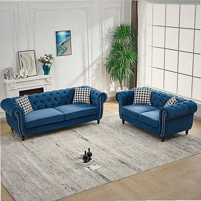Chesterfield Velvet Sofa Set, 3 Seater & Loveseat Mid Century Couch with Rolled
