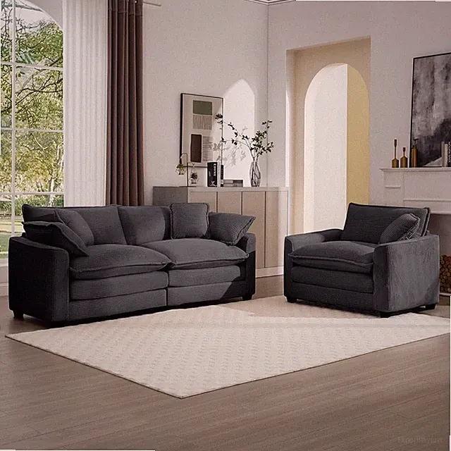 Chic 2-Piece Grey Sofa Set with Loveseat & Single Sofa, 5 Pillows Included