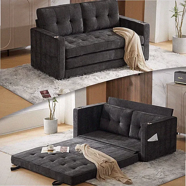 Chic 64" Dark Grey Chenille Futon Sofa Bed - Stylish Sleeper Couch