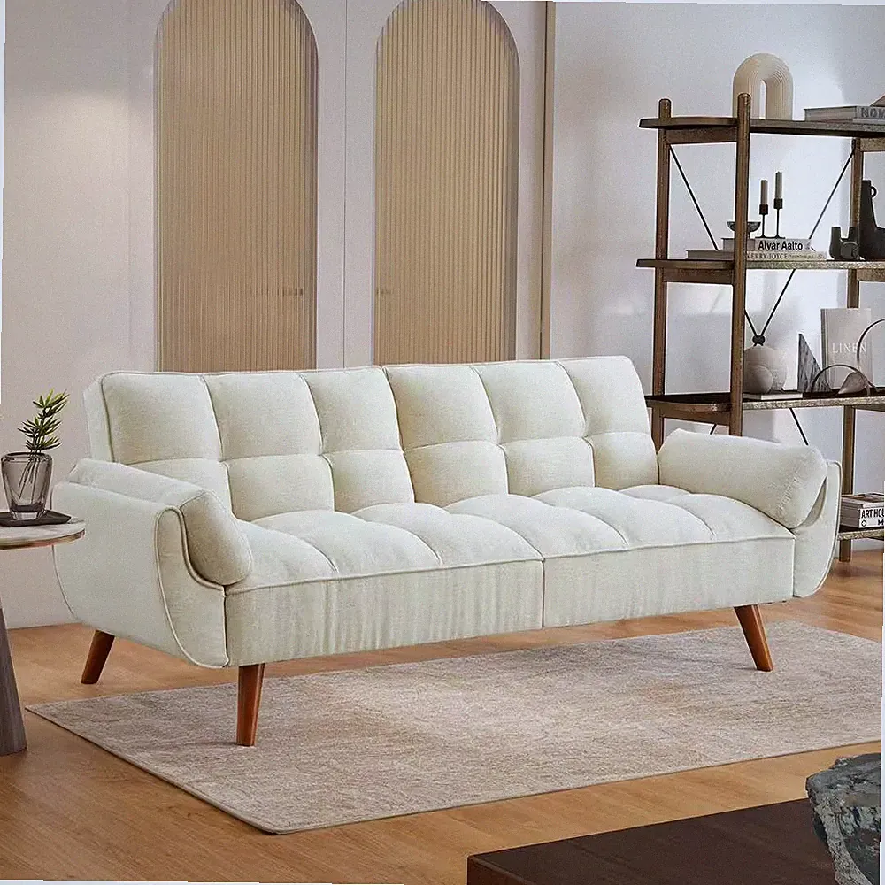 Chic 75 In. Beige Linen Futon Sleeper Bed Convertible Loveseat Sofa with Split B