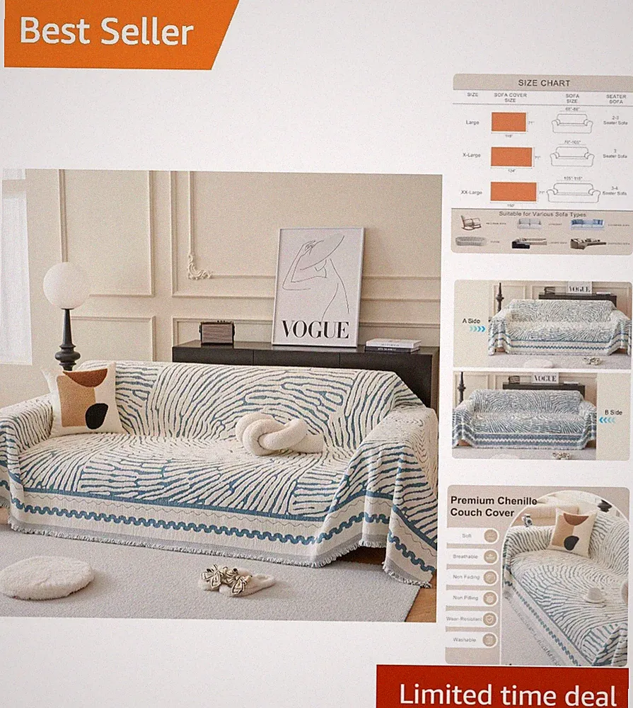 Chic Blue Chenille Sofa Slipcover Blanket - Easy Fit for Sectional Furniture