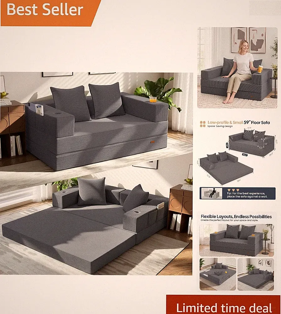 Chic Folding Boneless Sofa Bed with Removable Cover - Ideal for Small Spaces