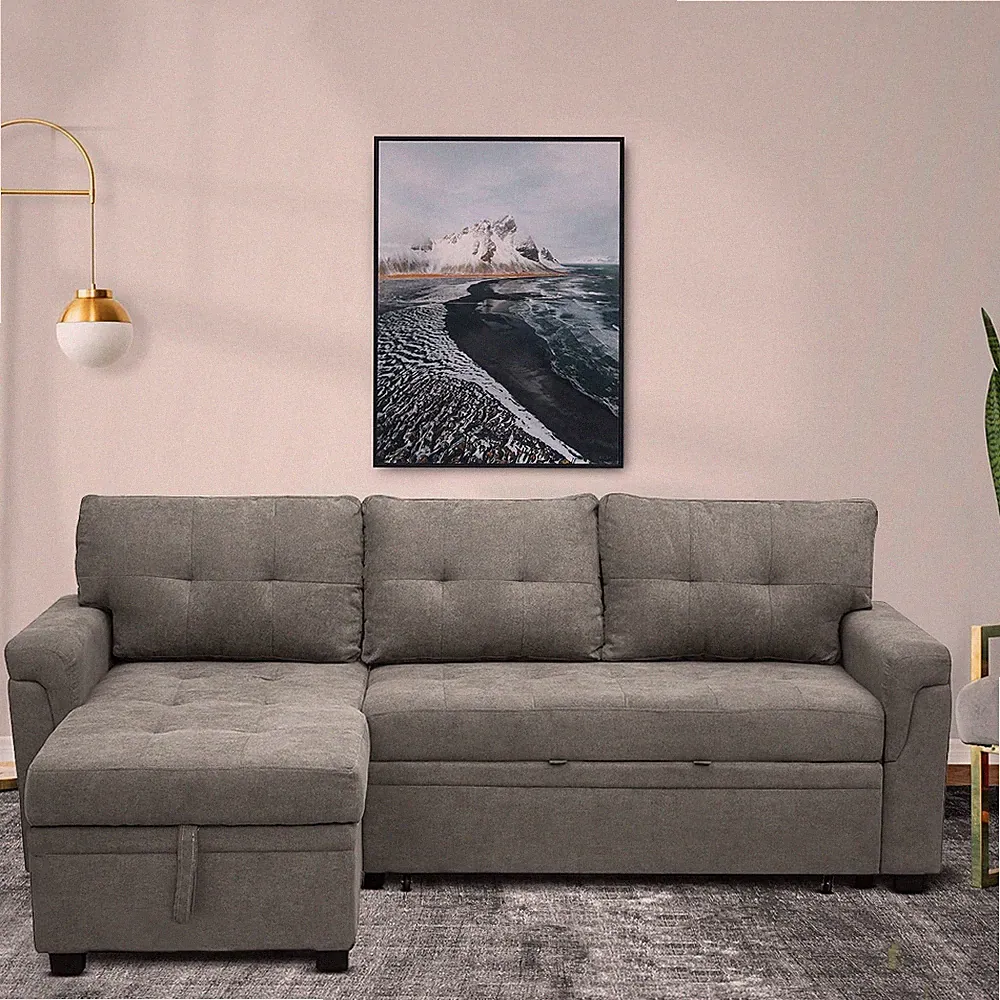 Chic Gray Velvet Sectional Sofa Bed with Storage for Small Spaces