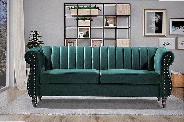 Chic Green Chesterfield Sofa with Rolled Arms & Nailhead Trim, 76.4" Wide
