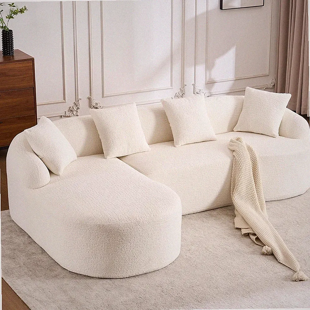 Chic White Oversized Chenille Sectional Sofa with Chaise & 4 Pillows