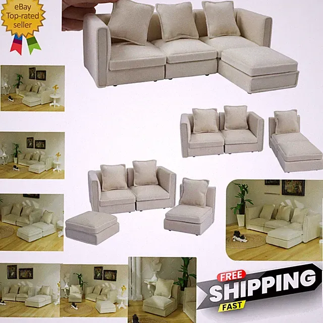 Chic White Velvet Mini Sectional Sofa Set for 1:12 Scale Dollhouse Décor
