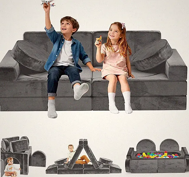 Children Foam Play Sofa Set Modular Ball Pit Couch Gray Removable Covers Soft