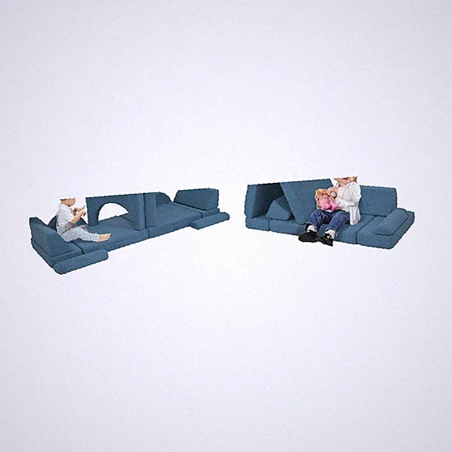 Children’s Modular Sectional Sofa Teddy Fabric Blue Soft Play Couch for