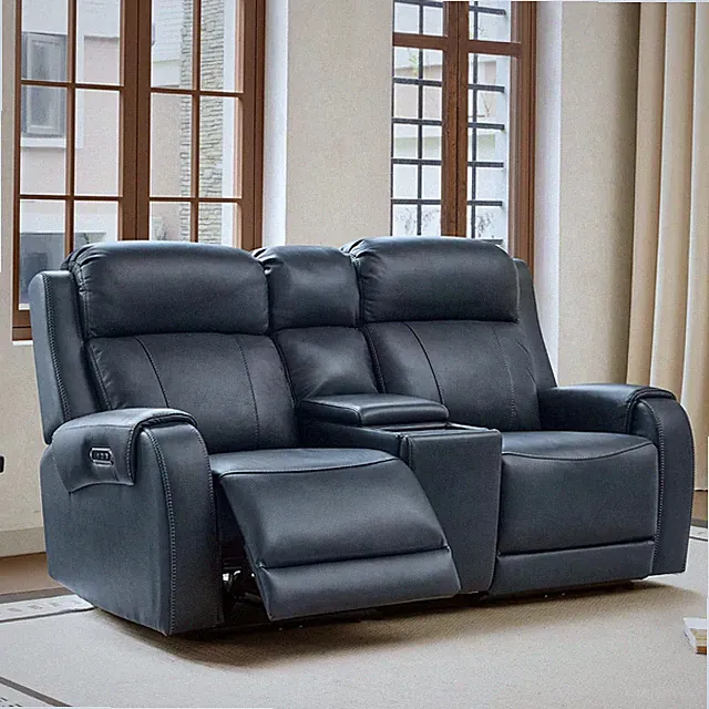 CHITA Genuine Leather Power Recliner Sofa, Loveseat with Console, Navy