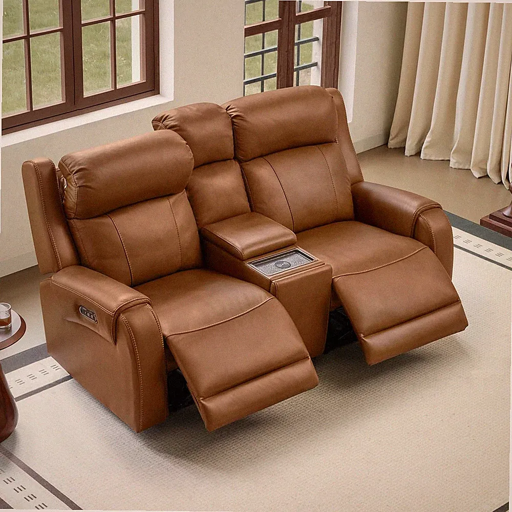 CHITA Genuine Leather Power Recliner Sofa, Loveseat with Console, Saddle