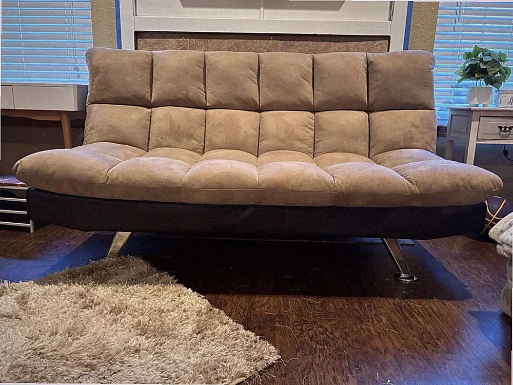 Chocolate fabric with dark leather Futon Sofa Bed Seats 3 Sleeps 2