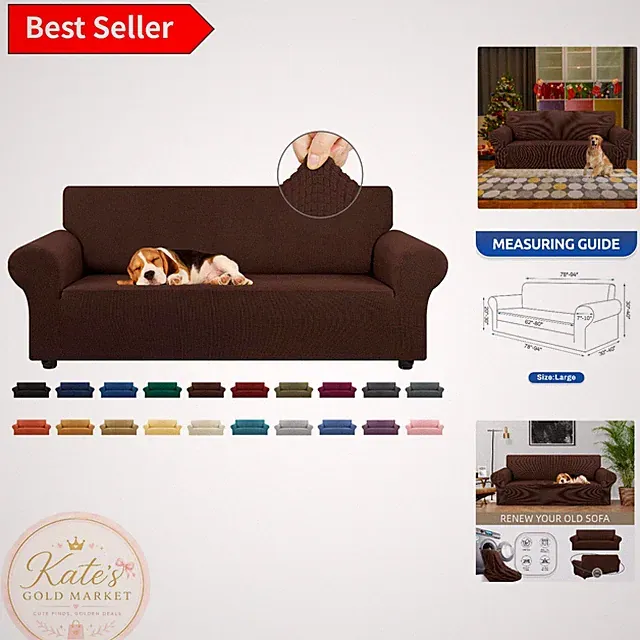 Chocolate Stretch Jacquard Sofa Cover for 3 Cushion Couch, 78"-94" Protection