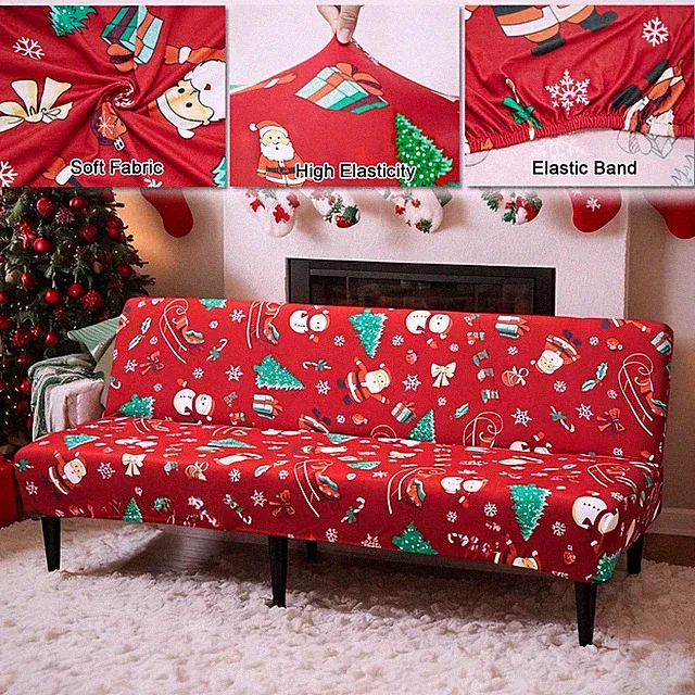 Christmas Printed Sofa Cover Santa Claus Christmas Theme Red Sofa Slipcover