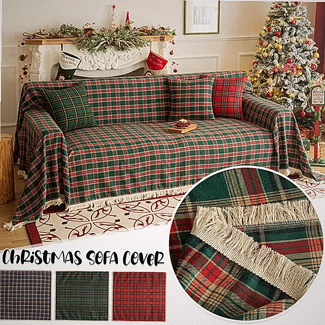 Christmas Sofa Cover Home Decor Lattice Blanket Retro Anti-Slip Slipcover Towel