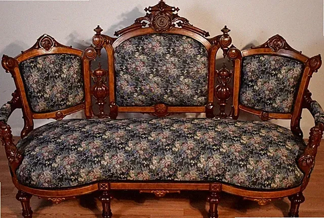 Circa 1870 antique Victorian carved walnut sofa new upholstery couch