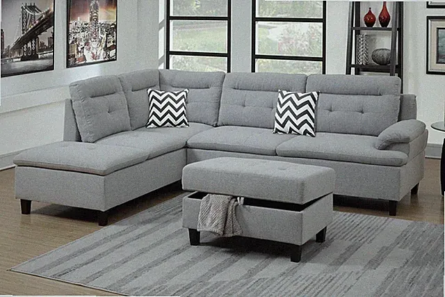 Cirta 3-Piece Modern Sectional Covered in Grey Polyfiber with Matching Ottoman