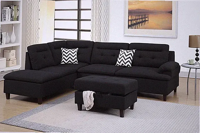 Cirta 3-Piece Modern Sectional Set Upholstered in Black Polyfiber with Ottoman