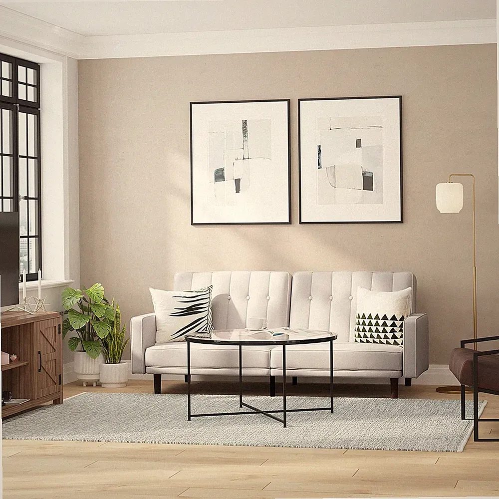 Citadel Premium Split Back Sofa Futon in Stone with Wood Legs