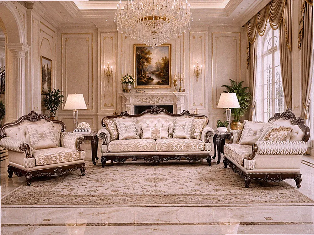 Classic 3PC Sofa Loveseat Chair Cherry Wood Cream Fabric French Living Room Set
