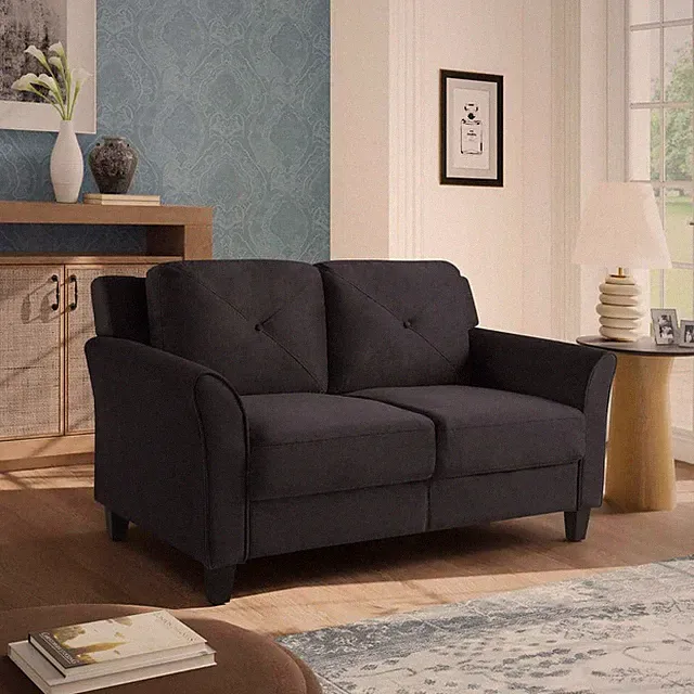 Classic Black Microfiber Sofa Loveseat 56" High-Density Foam with Flared Arms