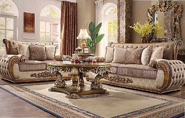 Classic Brown Sofa Loveseat Tufted Fabric Upholstery Carved Wood Traditional Set