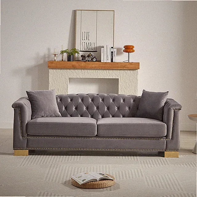 Classic Modern Sofa,84-inch Chesterfield w/Classic Rolled Arms and Tasseled Deco