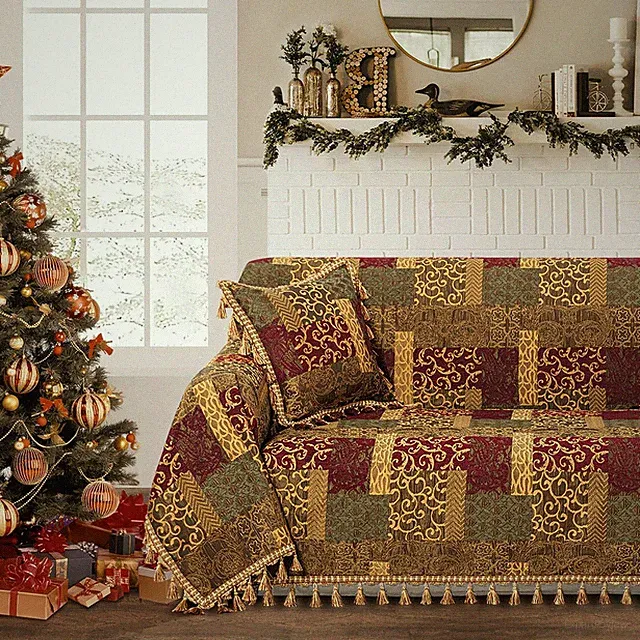 Classic Patchwork Sofa Covers for Couch 71x118 Inch, Red&Gold
