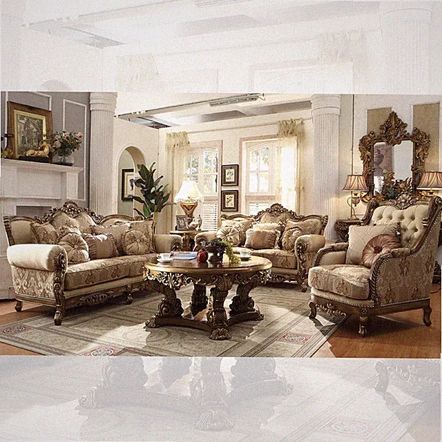 Classic Solid Wood 2PC Sofa Loveseat Gold Brown Fabric French Manor Living Room