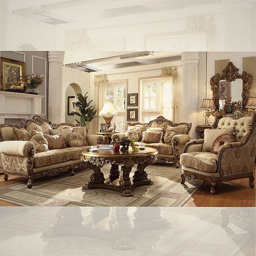 Classic Solid Wood 2PC Sofa Loveseat Gold Brown Fabric French Manor Living Room