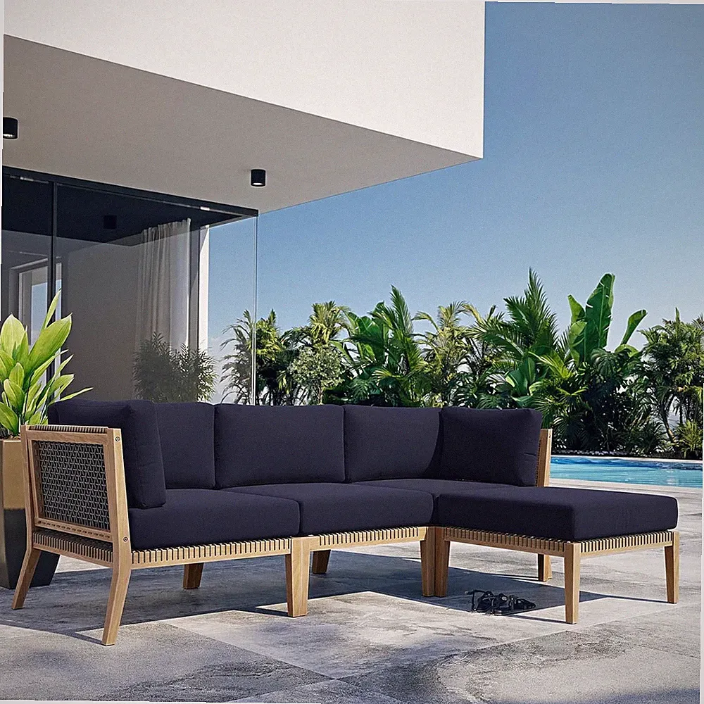 Clearwater Outdoor Patio Teak Wood 4-Piece Sectional Sofa in Gray Navy
