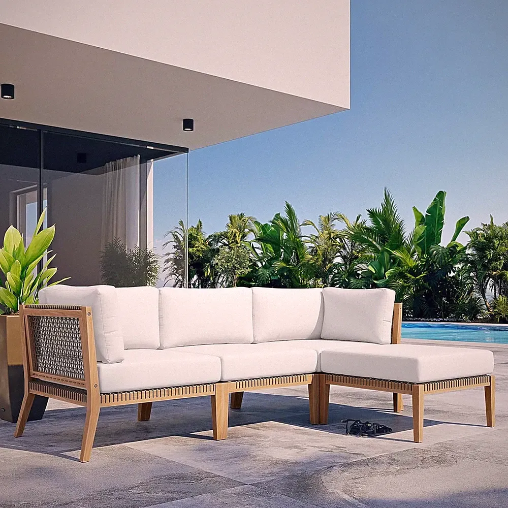 Clearwater Outdoor Patio Teak Wood 4-Piece Sectional Sofa in Gray White