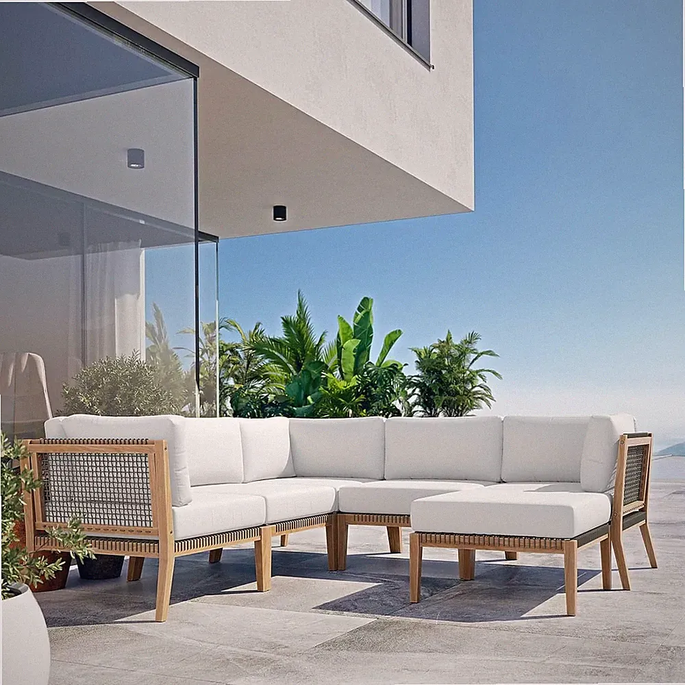 Clearwater Outdoor Patio Teak Wood 6-Piece Sectional Sofa in Gray White