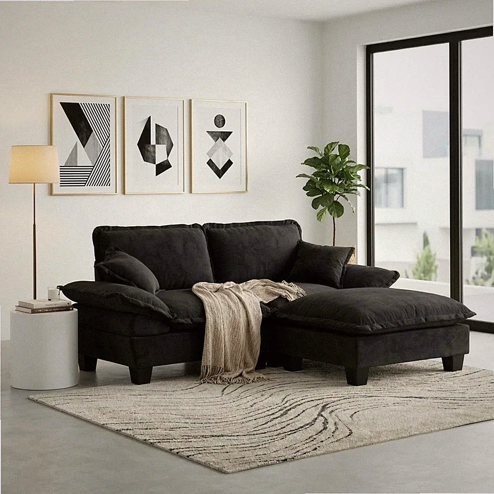 Cloud Chenille Sectional Sofa w/ Ottoman and Pillows, Apartment Couch, Black