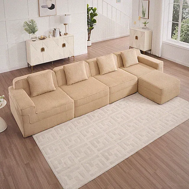 Cloud Corduroy Sectional Sofa 4 Seats Ottoman Deep Cushions No Assembly