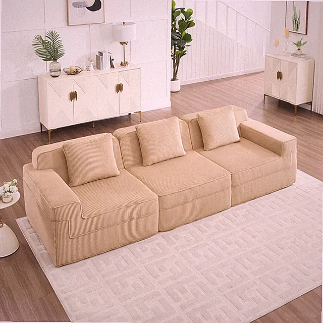 Cloud Couch 3-Seat Boneless Sectional Sofa with Camel Corduroy Pillows