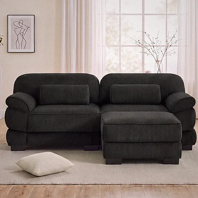 Cloud Couch L-Shaped Sectional Sofa with Ottoman 76.4 Inch Black Corduroy