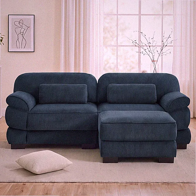 Cloud Couch L-Shaped Sectional Sofa with Ottoman 76.4 Inch Blue Corduroy