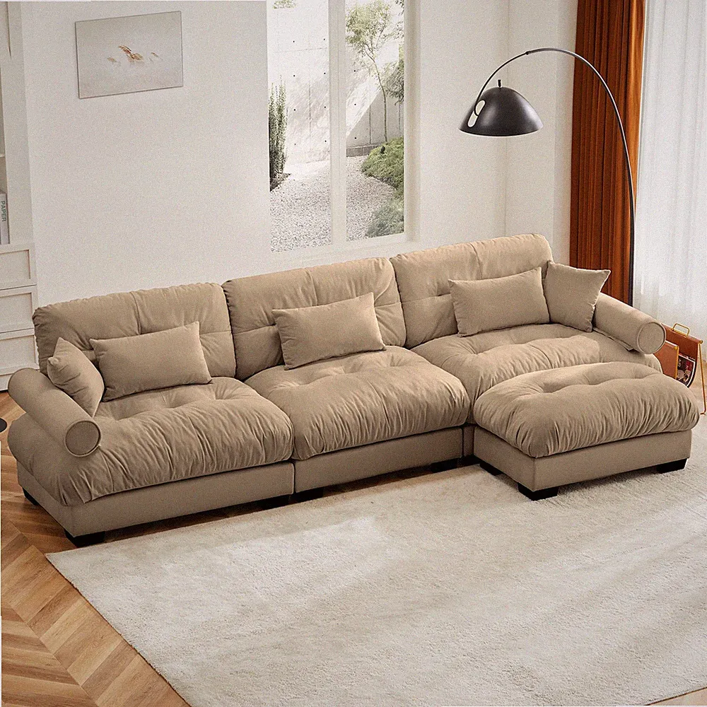 Cloud Couch Modular L-Shaped Velvet Sectional w/ Ottoman, Deep Seat, Camel