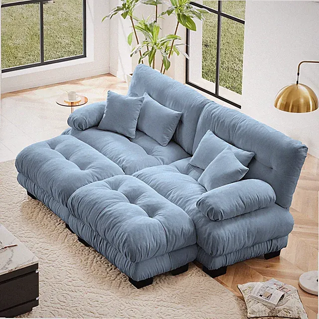Cloud Couch Sleeper Sofa Upholstered Wide Arm Sofa 2 Ottomans - Chenille Blue