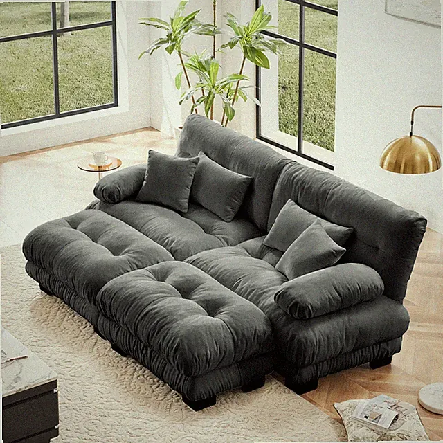 Cloud Couch Sleeper Sofa Upholstered Wide Arm Sofa 2 Ottomans - Chenille Gray