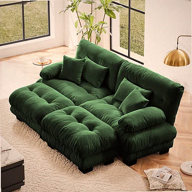Cloud Couch Sleeper Sofa Upholstered Wide Arm Sofa 2 Ottomans - Chenille Green