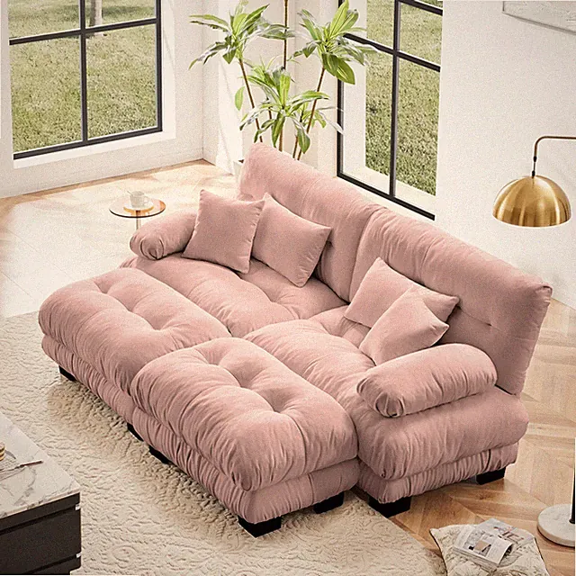 Cloud Couch Sleeper Sofa Upholstered Wide Arm Sofa 2 Ottomans - Chenille Pink