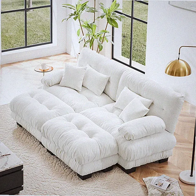 Cloud Couch Sleeper Sofa Upholstered Wide Arm Sofa 2 Ottomans - Chenille White